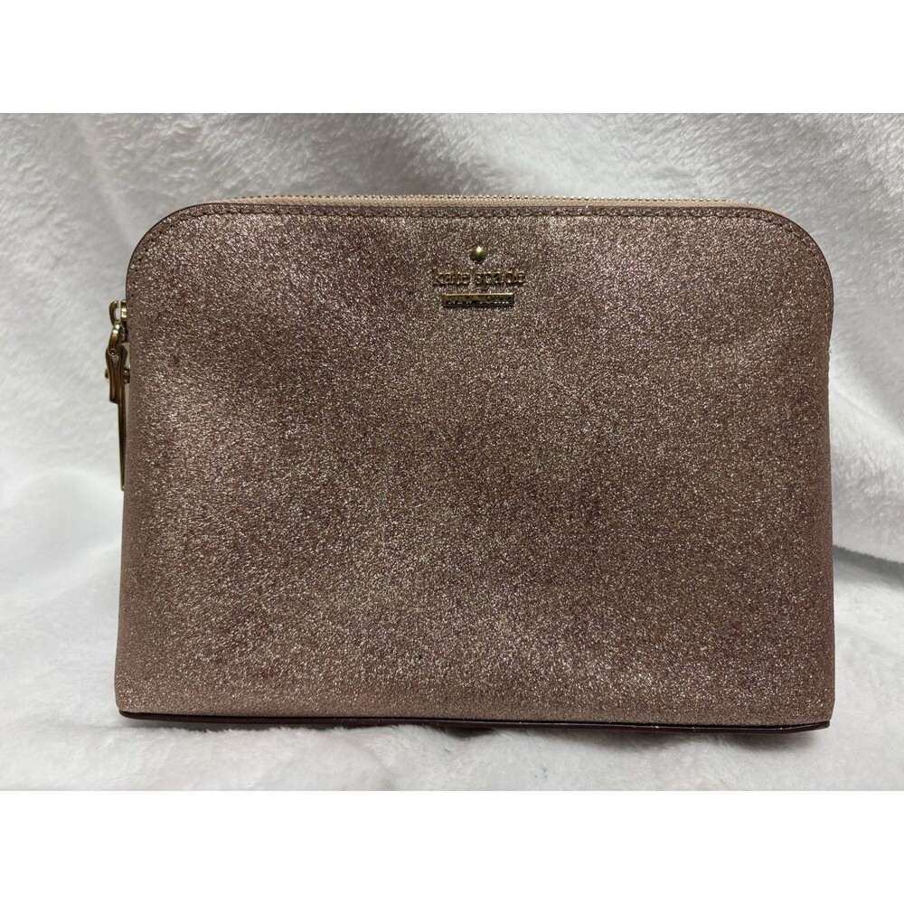 Kate Spade New York Rose Gold Glitter Cosmetic Bag Makeup Pouch Clutch Zip Case